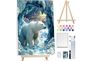 Bowetile Peinture par Numéros Ours Polaires Avec Cadre pour Adultes, Kit Animaux Peinture Numero Adulte Débutants Kit Toile avec Chevalet en Bois, DIY Peinture Acrylique pour Décoration 20x30cm