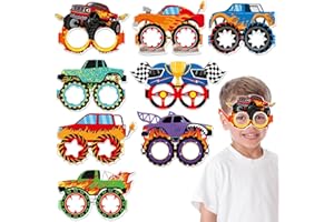 Qpout 16pcs Race Car Wheels Party Paper Glasses,Monster Truck Theme Eyeglasses,Vehicle Photo Booth Props Glasses Frame for Boys Birthday Party Favors Supplies Decorations
