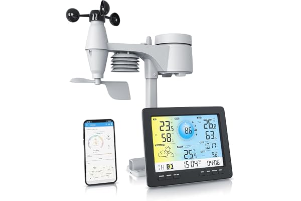 Brandson Station météo WiFi radio réveil avec capteur extérieur 5en1, weather station prévisions météorologiques anémomètre pluviomètre thermomètre hygromètre baromètre heure DST panneau solaire