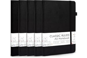 feela 5 Pack A5 Notebooks Multipack, Ruled Lined Notepads A5 (120 GSM), Hardback Journal Notebook with 5 Black Gel Pens for Work, Study, Journaling, Note Taking, 128 Pages/Pack, 21 x 13 cm, Black