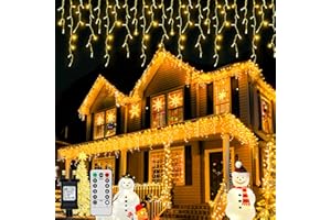 RJEDL Warm Color Christmas Icicle Lights Plug in, 7M+5M/39.3FT 360 LED Icicle String Lights with 8 Modes & Dimmable, Waterproof Hanging Fairy Lights for Outdoor Patio Party Wedding Decor
