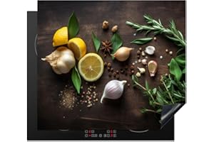 KitchenYeah© Protection Plaque Induction 60x52 cm Protege Deco Cuisine Cache Protège De Cuisson Accessoire Épices - Citron - Fruits - Impression sur bois