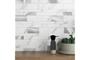 VAOVI Marble Effect Self Adhesive Linear Wall Tiles Metro Brick Stone Tiles,Waterproof Bathroom Wall Panels Matt Heat Resistant Fireplace Peel and Stick Mosaic(White Silver,5sheets)