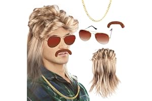 TNEDFOD Peluca Hombre, Juego de Pelucas Mullet 4 Piezas, Pelucas Disfraz Años 80 Hombre, Accesorio para Fiesta Temática o Carnaval, Pelo Artificial con Gafas de Sol Collares y Bigote Postizo