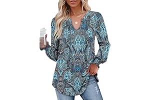 CHICZONE Womens Tunic Tops Puff Long Sleeve T-Shirt Pleated V Neck Blouse Shirts S-XXL