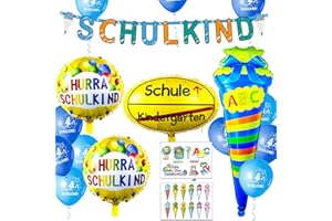 ANYUNKEY Einschulung Schuleinführung Deko Set für Jungen,SCHULKIND Banner + 2pcs HURRA SCHULKIND Folienballon + 18 Luftballon+Zuckertüte Folien Luftballons mit ABC+ 21 Konfetti Schulanfang schulkind Deko