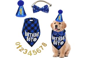 Classicseali Birthday Hat for Dog, Dog Birthday Hat, Blue Pet Bandana Triangle Scarf Party Hats Dogs Bow Tie Collar with Numbers, for Large Medium Small Dogs Pets