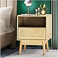 MAENGRE Rattan Bedside Table, Wooden Side Table with Drawers & Shelf, Wooden Side Sofa Tables for Bedroom Glossy 40x30x51CM