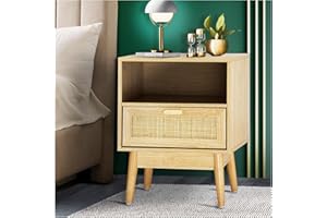 MAENGRE Rattan Bedside Table, 40x30x51CM, Wooden Side Table with Drawers & Shelf, Wooden Side Sofa Tables for Living Room Glossy End Tables for Small Space