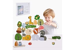 EMBOSOMITR Wooden Animals Stacking Toys for Kids, Toddler Montessori Wooden Building Blocks Toys for Boys Girls, Blocks Sorting & Balance Toys, Educational Birthday GIF (Wood Color)