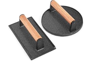 MEETOZ 2PCS Burger Press, 7" Round & 8.2"X 4.3" Rectangle, Heavy-Duty Cast Iron Grill Press with Wood Handle, Smash Burger Press Perfects for Griddle, Sandwich, Nonstick Pan