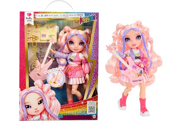 RAINBOW HIGH Junior High Rock Band - Bella - Poupée Mannequin Rose 23 cm avec Guitare Basse, Personnalisable avec des Autocollants, Articulée, Jouets Mignons pour Les Enfants À Partir de 4 Ans