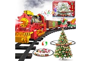 MAYSIDA Tren Eléctrico de Navidad con Riel Luminoso con Luz de Humo y Sonidos, Trenes Eléctricos de Juego Ferroviario con Motor de Locomotora de Vapor Regalo Mágico