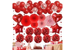 RECOSIS Premium Rot Partydeko - Papier Fächer, Pompons, Luftballon, Party Deko für Frauen, Hochzeit Geburtstag Party Deko, Happy Birthday Dekoration, Valentinstag Deko, Weihnachtsdekoration