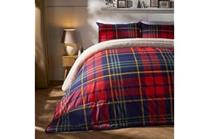 OHS Coverless Duvet Double 10.5 Tog, Christmas Winter Coverless Duvet Ultra Soft Warm Comfy Tartan Check Sherpa Reversible Washable Quilt Double Duvets with Pillowcases, Red/Navy
