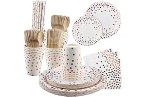 Vexillic Stoviglie per Feste, 200 Pezzi Stoviglie Carta Set per Nuziale Doccia, Fidanzamento Matrimonio e Compleanno (Punto d'oro rosa)