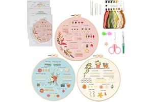 QEEYON Kit de práctica de punto de bordado para principiantes, 3 juegos de bordado para adultos, aprendizaje de 30 puntadas diferentes, incluyendo tela con patrones, hilo dental, agujas, aros,