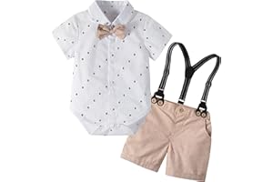 Volunboy Bébé Garçon Ensemble Costume, Manches Courtes Noeud Papillon Chemise avec Short Bretelle Barboteuse
