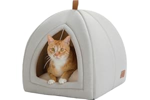 PAWZ Road Cat Cave Cat Bed Igloo House with Removable Washable Cushion, Foldable Pet Bed with Anti-Slip Bottom and Interactive Ball for Indoor Cats, Beige
