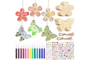Qaestuan 40 Piezas Juego de Manualidades de Madera Infantiles, Incluir Mariposas, Flores y Pinceles de Acuarela, Piezas Pegatinas de Diamantes,Se aplica a Fiesta de Cumpleaños Infantil DIY