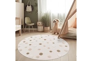 ‎PACO HOME Paco Home Kinderzimmer Moderner Kinderteppich Robuster Spielteppich 3D-Effekt Naturtöne Weiche Schlingenstruktur Pflegeleichtes Punkte-Motiv Creme, Grösse:160 cm Rund