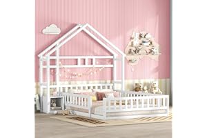 MYBOO Letto Montessori per Bambini 140x200 cm, Letto per Bambini Letto da Pavimento a Forma di Casa con Doghe&Barriere di Protezione&Comodino, Letto Matrimoniale Letto in Legno per Cameretta, Bianco