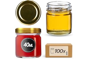 KADAX Lot de 100 mini bocaux en verre ronds avec couvercle à visser - 40 ml - Pour dégustation, confiture, miel - Avec couvercle doré