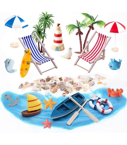 Veemoon Kit de paysage de plage miniature avec palmiers, parasols, chaises longues, accessoires de scène de plage en résine et bois pour maisons de poupées et jardins de fées Veemoon Kit de paysage de plage miniature avec palmiers, parasols, chaises longues, accessoires de scène de plage en résine et bois pour maisons de poupées et jardins de fées