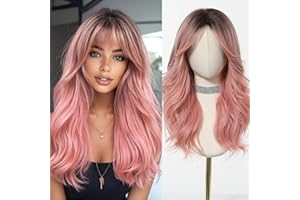 Esmee Perruque Ombre Rose Longue et Ondulés pour Femmes avec Franges Rideaux Perruque en Cheveux Synthétiques Naturels pour Usage Quotidien et Festif