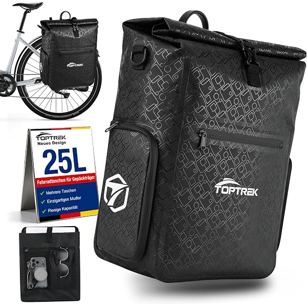 toptrek Fahrradtasche für Gepäckträger mit Aussenfach 25L Wasserdicht | Gepäckträgertasche mit Abnehmbar Innentaschen
