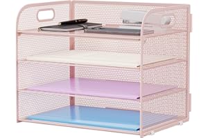 Marbrasse Desk Trays Organiser,4 Tier Letter Paper Tray with Handle,Mesh in Tray for Desk Office Home A4 File Document Storage (Pink)