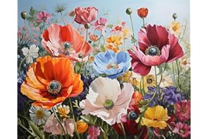 TISHIRON Kwiaty do malowania według liczb, dla dorosłych, dla początkujących, zestaw dzieł sztuki, kwiaty na wiosnę, płótno olejne, dekoracja domu, z 3 pędzlami i farbą akrylową, 40 x 50 cm