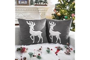 Lewondr Christmas Reindeer Throw Pillow Covers, 18 x 18 Inches Set of 2 Elk Embroidered Square Pillow Case Soft Cozy Velvet Decorative Pillowcase for Sofa Couch Bed Living Room Bedroom, Gray