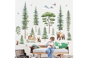 decalmile Large Pine Tree Woodland Wall Decals Forest Animal Bear Deer Wall Stickers Kids Room Baby Nursery Bedroom Wall Decor