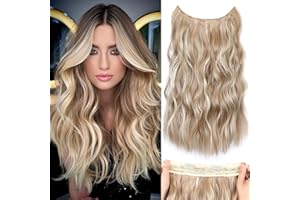 ALILEADER Halos Hair Extension with Transparent Wire, Invisible Wire Hair Extensions with 5 Adjustable Sizes, 20 Inch Synthetic Long Wavy Hair Pieces for Women (Color: Dark Ash Blonde Mixed Bleach Blonde)