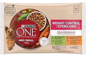 Purina ONE Mini <10kg Comida húmeda para Perro pequeño Light, Control de peso con Pavo y Cerdo, 12 packs de 4 sobres de 85g - 48 sobres