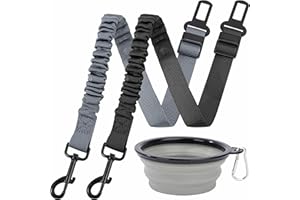 Yesaler Lot de 2 Ceintures de Sécurité pour Chien Harnais élastique Réglable pour Voiture Fixation Pivotante à 360 Degrés et 1 Bol Pliable
