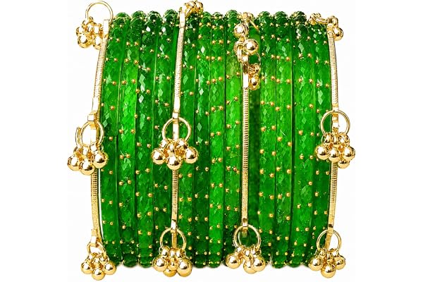 JPS 16 Pcs Trendy Stylish Glass & Kashmiri Ghungroo Bangles Set for Women & Girls | Gold-Plated Traditional Festive Wedding P
