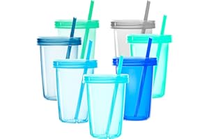 Youngever Confezione da 7 bicchieri per bambini con cannuccia, 7 bicchieri in plastica riutilizzabili con coperchio cannuccia (Coastal)