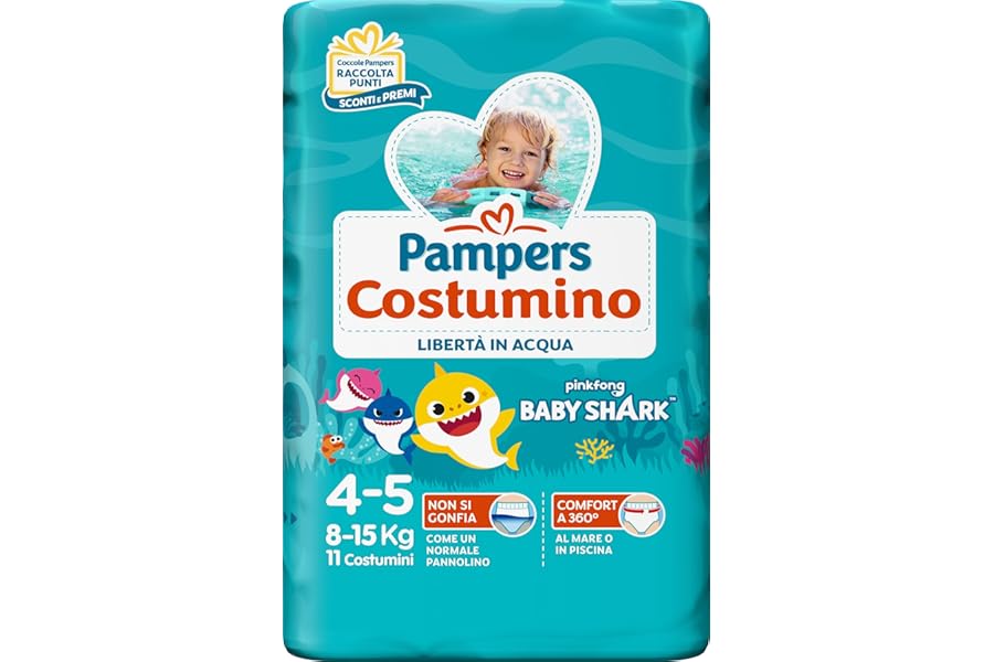 Pampers Costume, Size 4 (8-15 kg), Double Side Barrier Anti-Spill, Easy Removal, Elastic Wrap Band, Sea and Pool, Quick Change, Summer, Baby Shark, 11 Nappies