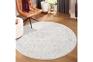 carpet city Dywan z krótkim włosiem, kremowy, 200 cm, okrągły, do salonu, wzór z wysoką głębokością, efekt 3D, ornamenty, wykładzina podłogowa z płaskim włosiem, dekoracja sypialni