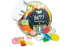 ‎DER ZUCKERBÄCKER Happy Birthday – bunt gefülltes Schräghalsglas mit leckeren Süßigkeiten, tolle Geschenkidee für Geburtstagskinder