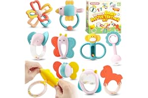 SYNCFUN Rattle Toys for Infants, Sensory Animal Teether Set, 10pcs Silicon Montessori Baby Rings, Shaker Grab Toys, Newborn to Toddler