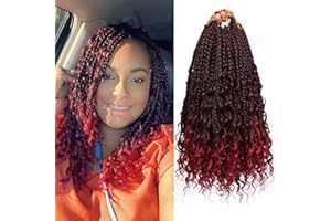 FIRSTCYH HAIR Boho Box Braids Crochet Hair with Curly Hair Pre Loop Long Black Messy Goddess Box Braids Extensions de cheveux pour femmes noires (35.56 cm (Lot de 8), 1B/Bug#)