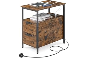 VASAGLE Slim Side Table with Charging Station, Narrow End Table with 2 Drawers, Bedside Table with Storage, for Living Room, Bedroom, Rustic Brown and Classic Black LET326B01
