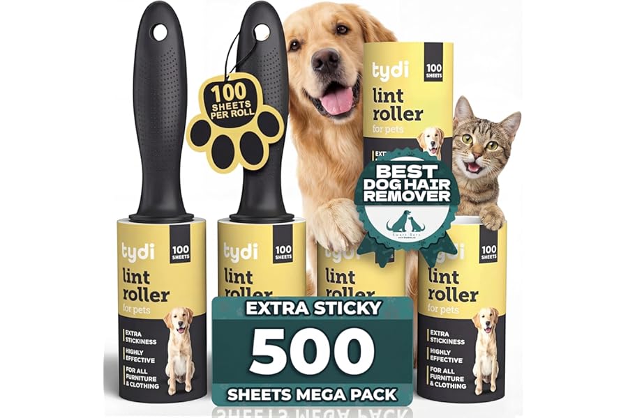 Tydi Pet Lint Rollers - 500 Sheets of Lint Roller Refills & 2 Handles - 100 Sheets per Sticky Clothes Roller - Lint Rollers for Pet Hair - Reusable Lint Roller for Clothes - Fluff Remover for Clothes