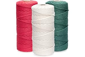 Fil de Macramé 3mm,ilauke 3 Rouleaux Cordons pour Macramé Naturel de 300m Corde en Macramé,Ficelle en Coton pour Suspension Murale,Suspension Plantes,Corde Coton Macramé Noël Tricot (Rouge,Beige,Vert)