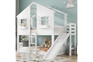 MYBOO Kinderbett Etagenbett 90x200, Hochbett Hausbett mit Rutsche&Leiter&Fenstern&Dach&Aufbewahrungsbox, Stockbett Doppelbett Holzbett Jugendbett mit Lattenrost&Rausfallschutz, Kiefer, Ohne Matratze, Weiß