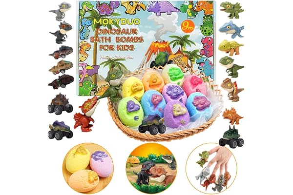 MOKYDUO Bombes de bain pour enfants, jouets de bain dinosaures, éducatifs, cadeaux, anniversaire, fête des enfants, Noël, garçons, filles, inclus 9 bombes de bain et 3 jouets (dinosaures éteints)