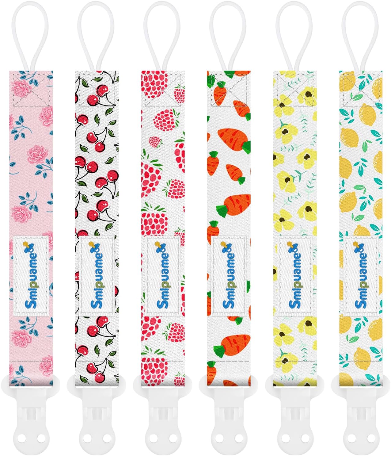 Smlpuame Dummy Clips Girl,6 Pack BPA Free Soother Chain,Pacifier Holder Clips for Teether Toy,Baby Dummy Strap Clip Universal Design Fit All Pacifiers Baby Teething Toys,Newborn Baby Shower(Fruit)